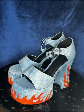 Current Mood Light Blue Denim Platform Heels with Flame Detail